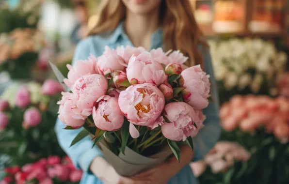 Girl, flowers, holiday, bouquet, spring, pink, March 8, peonies