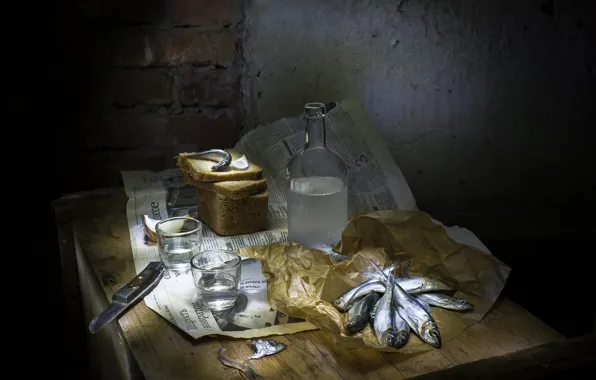 Light, paper, table, wall, bottle, fish, bread, alcohol