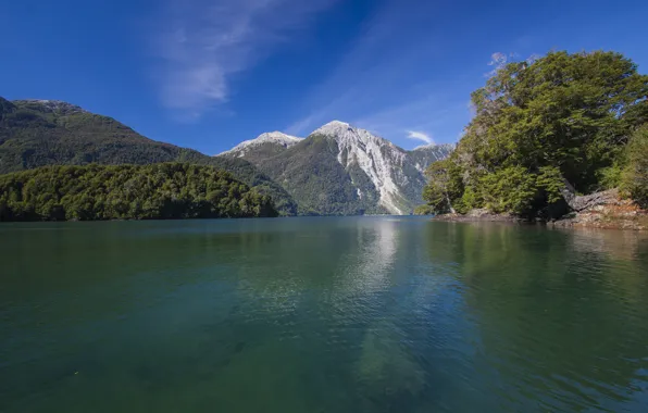 Forest, the sky, clouds, snow, trees, mountains, lake, slope