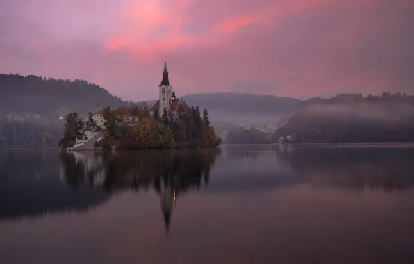 Picture the sky, sunset, castle, island, Lake, Slovenia