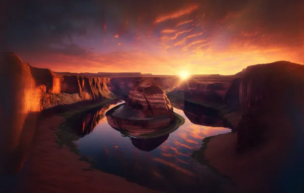 Landscape, sunset, mountains, nature, river, rendering, rocks, art