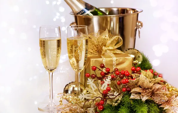 Ice, decoration, box, gift, bottle, New Year, glasses, bucket