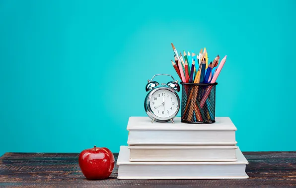 Table, background, watch, books, Apple, pencils, alarm clock, colorful