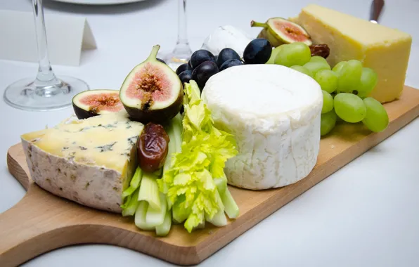 Cheese, grapes, fruit, celery, figs, snacks, date
