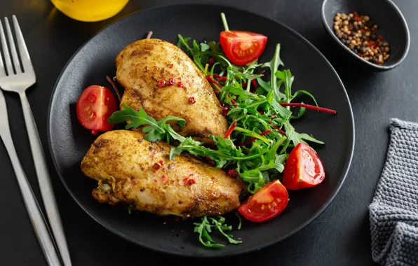 Greens, the dark background, chicken, meat, plug, vegetables, tomatoes, pan