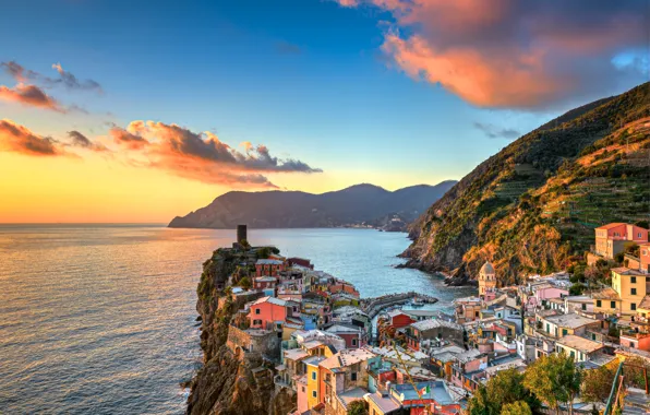 Sea, sunset, mountains, coast, building, Italy, Italy, The Ligurian sea