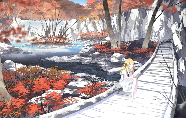Autumn, bridge, river, figure, track, girl, asakura masatoki