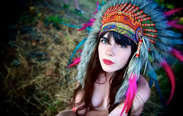 Look, girl, face, background, feathers, headdress