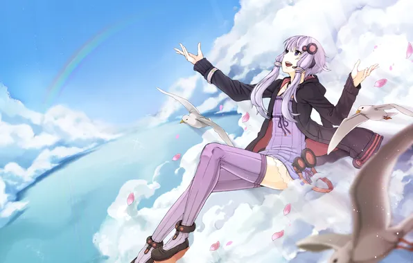 Picture girl, clouds, birds, seagulls, rainbow, vocaloid, in the sky, yuu