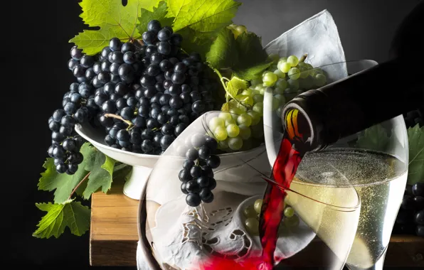 Leaves, table, background, wine, glass, bottle, grapes, vase