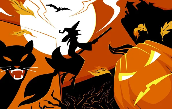 Picture vector, Halloween, moon, house, bat, holiday, pumpkin, witch