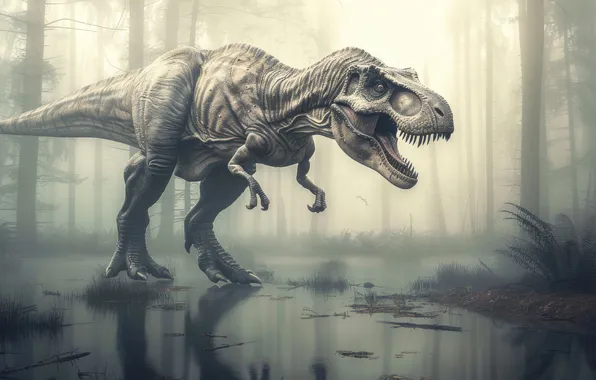 Water, Trees, Forest, Predator, Dinosaur, Animal, Digital art, Tyrannosaurus