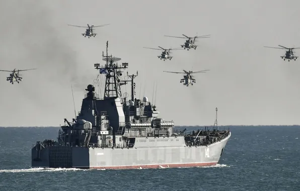 Sea, the ocean, ship, helicopters