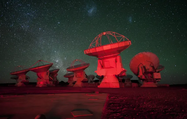 The sky, stars, antenna, radio telescope