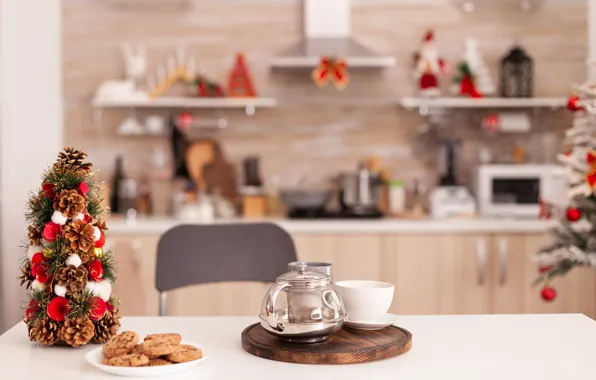Comfort, house, table, tea, kettle, cookies, Christmas, chair
