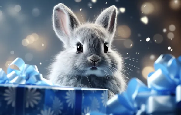 Look, grey, holiday, rabbit, Easter, gifts, bows, face