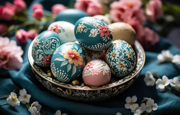 Flowers, holiday, bright, eggs, spring, blue, Easter, socket