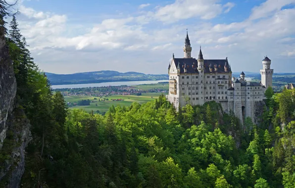 Greens, summer, the sky, clouds, trees, mountains, river, castle
