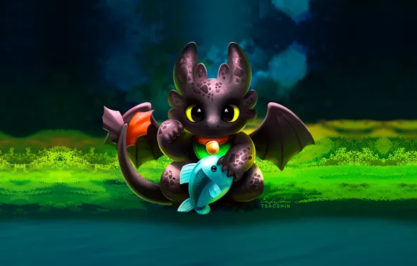 Picture dragon, fish, art, river, How to train your dragon, toothless, Toothless, the night fury