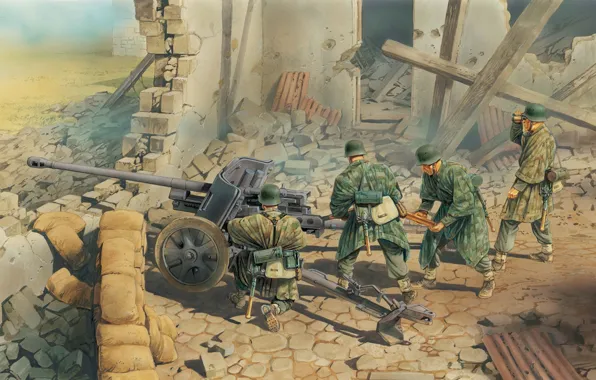 Picture war, figure, art, gun, WW2, German, position, anti-tank