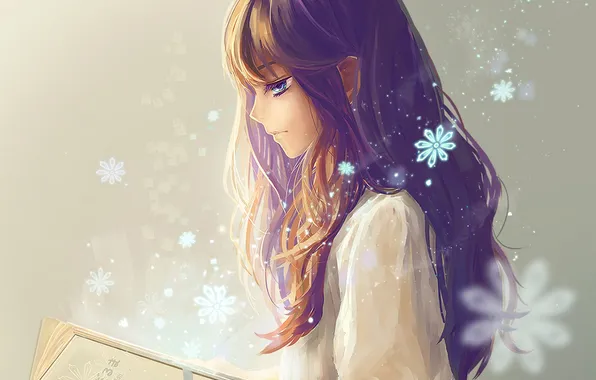 Girl, flowers, anime, art, book, profile, mikan