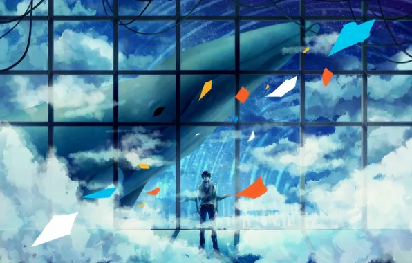 The sky, clouds, wire, anime, art, kit, guy, xxxka66