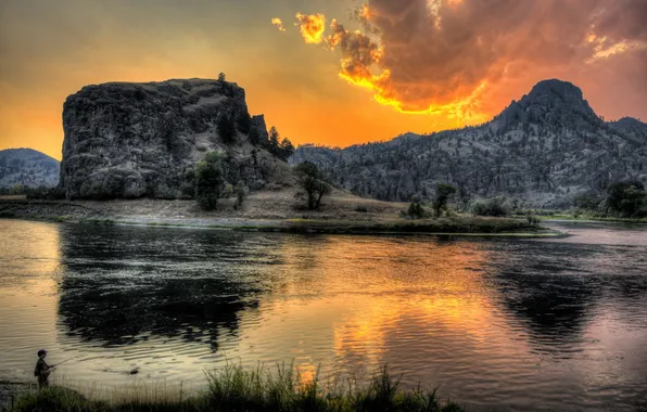 Landscape, sunset, mountains, river, fisherman