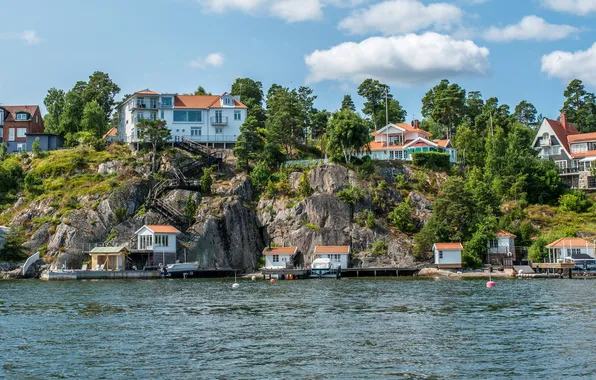 Picture trees, lake, rocks, shore, boats, houses, Sweden, piers