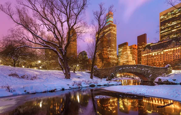 Winter, snow, trees, sunset, bridge, lake, reflection, New York