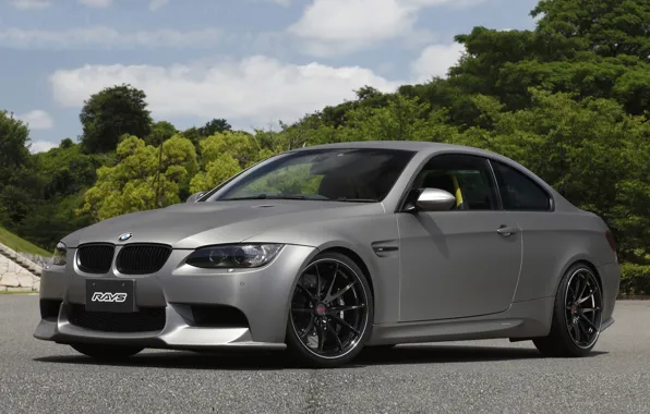 The sky, clouds, trees, black, bmw, BMW, silver, drives