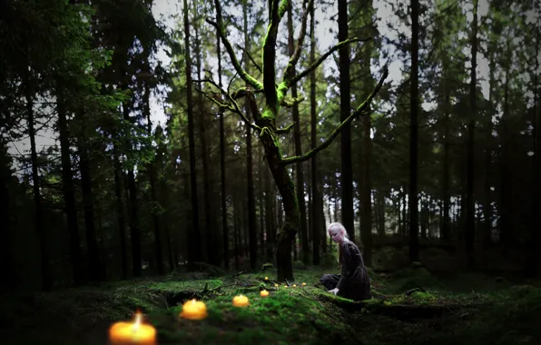 Picture forest, girl, candles