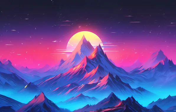 The sun, beauty, glow, neon, mountains, fantastic, digital art, fantastic mountains