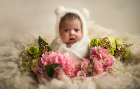 Picture flowers, scarf, baby, fur, shawl, ears, child, cap