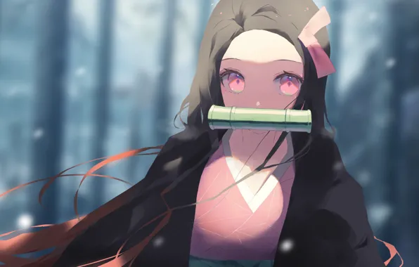 Wallpaper girl, snow, trees, blurred background, Nezuko Kamado, Kimetsu ...