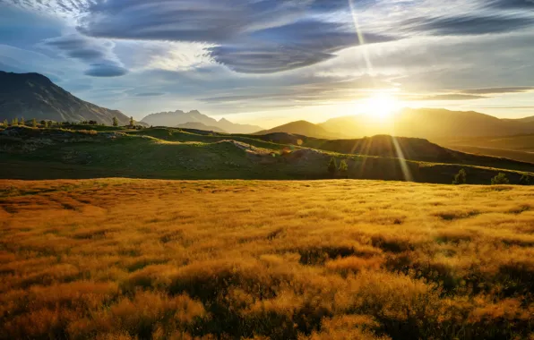 Picture field, grass, the sun, clouds, rays, mountains, glare, hills