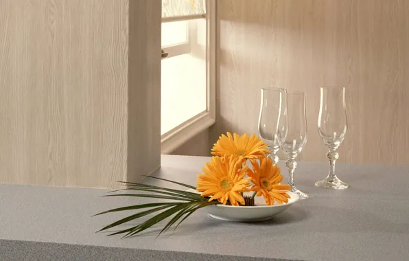 Glasses, window, date, bouquet of gerberas