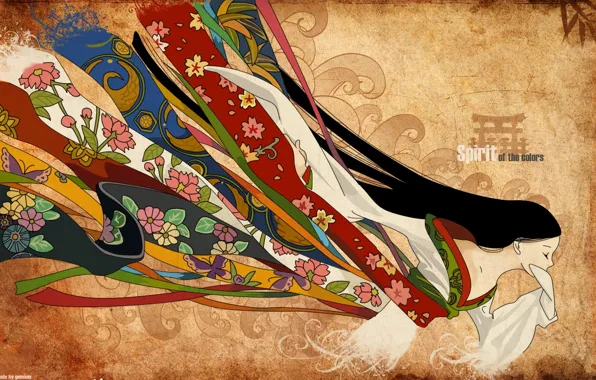 Flowers, tape, pattern, Japan, fabric, kimono, long hair, closed eyes