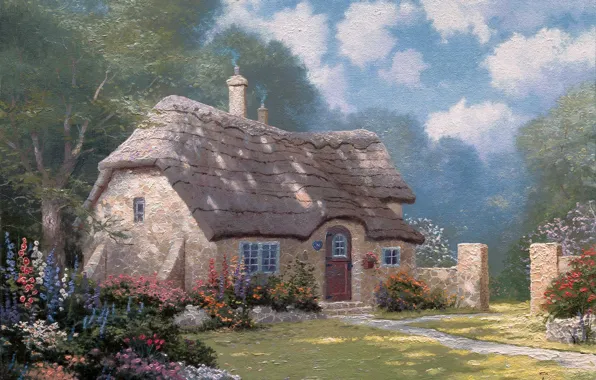 Flower, tree, Thomas Kinkade, cottage, blooming bushes, Spring at Stonegate