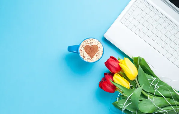 Flowers, bouquet, colorful, tulips, laptop, love, heart, flowers