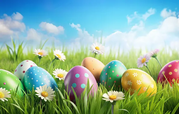 Flowers, eggs, spring, colorful, Easter, happy, flowers, spring