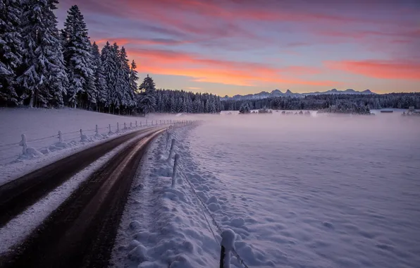 Road, snow, sunset