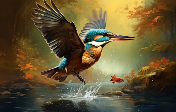 Autumn, forest, water, squirt, branches, pond, stones, bird
