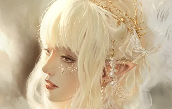 Face, rhinestones, elf, white hair, art, pearls, hair ornaments, bangs