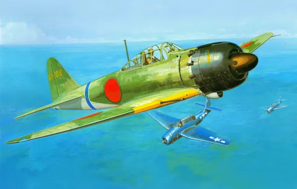 Picture the sky, the ocean, war, fighter, Mitsubishi, Art, American, Japanese