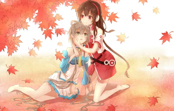 Leaves, girls, anime, headphones, art, vocaloid, luo tianyi, yuezheng ling