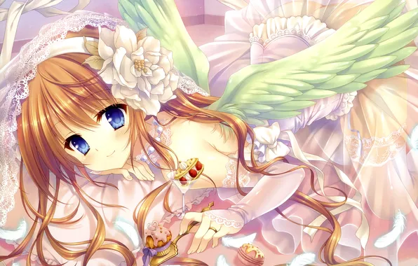 Picture look, girl, smile, wings, angel, feathers, bed, sweets