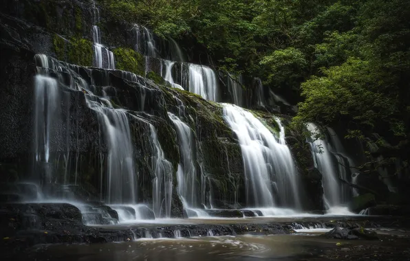 Greens, water, stones, waterfall