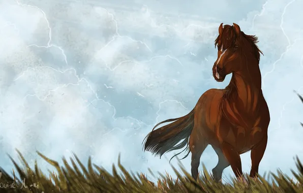 Picture the sky, grass, animal, horse, art, mane, tail, painting