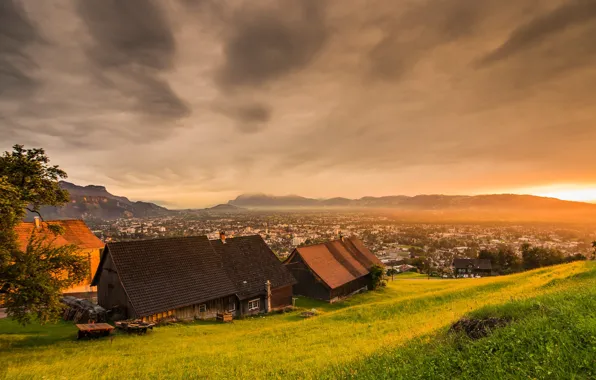 Field, the sky, village, houses