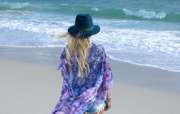 Picture beach, girl, the ocean, hat